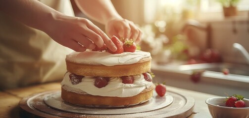 Hands of a baker adding fresh strawberries to a delicious cream cake in the kitchen