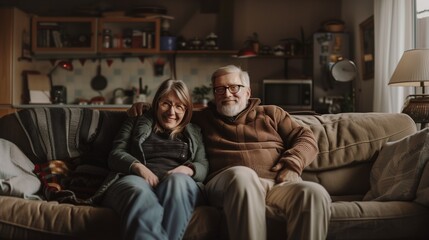 Fototapeta premium Ordinary couple, 50 years old, sitting on their couch in their home, retired, happy,