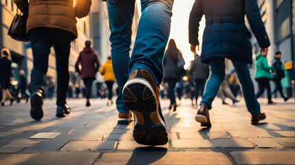  a low-angle view of people walking on a city street, focusing on their legs and feet, with the warm glow of the sun setting or rising in the background - Powered by Adobe