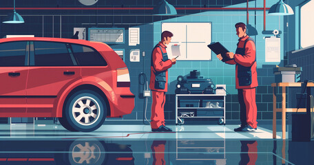 Car Care: Mechanic Creates Service Checklist, Inspects Engine for Repair Estimate. Auto Technician Conducts Maintenance Inspection at Garage. - obrazy, fototapety, plakaty