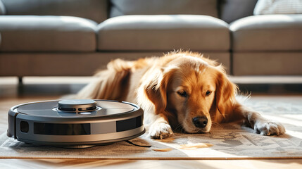 A large dog watches robot vacuum cleaner in action, highlighting the interaction between pets and smart home devices. The concept of cleaning, cleanliness and hygiene in a modern home