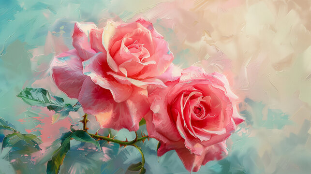 pink roses in the style of an acrylic painting, light background, oil painting, Generative AI
