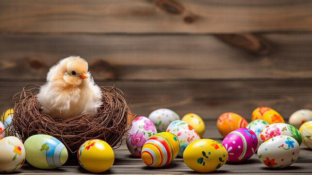 Chick, bird nest and painted easter eggs. Shallow depth of field. Concept of happy easter day.
