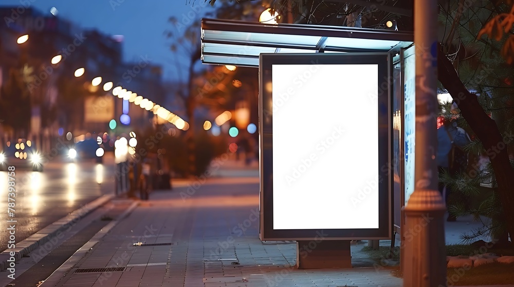 Poster blank vertical advertising poster banner mockup at empty bus stop shelter by main road blur backgrou