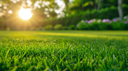 Fototapeta na wymiar Sunny park landscape with lush green grass and vibrant trees. Generative AI
