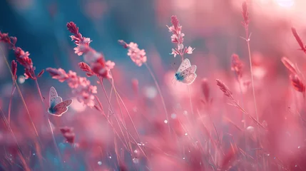 Tuinposter Minimal banner with pink sunrise over a meadow with  butterflies. Generative AI © Odin