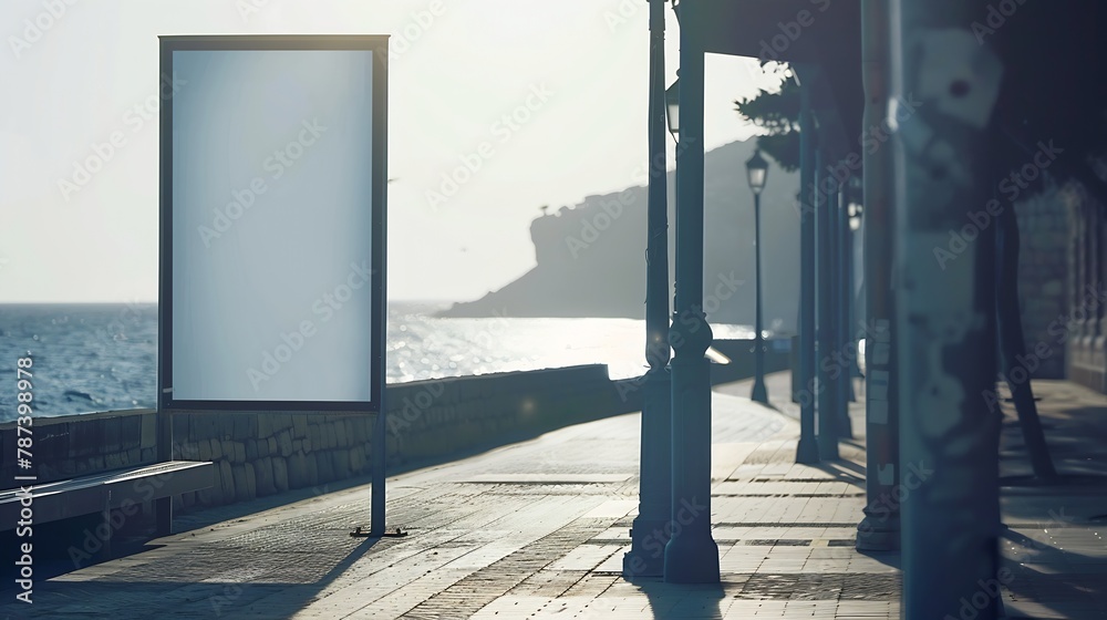 Poster blank billboard mock up in a sidewalk next to the sea : generative ai