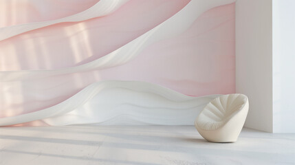Fototapeta na wymiar Contemporary minimalist interior with textured beige wave wall and stylish white armchair. Generative AI