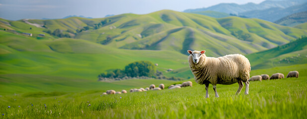 Sheep standing in vibrant green field, with herd rolling hills and blue sky in background. Nature countryside landscape