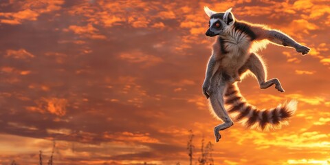 A ring-tailed lemur leaps gracefully against a vivid sunset, embodying freedom and the beauty of nature - obrazy, fototapety, plakaty