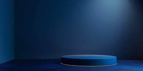 Obraz premium A modern minimalist stage setup with a blue tone and spotlight emphasizing simplicity in presentation spaces