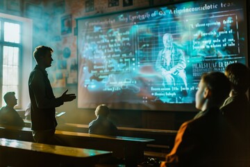 Teacher giving a lecture in augmented reality