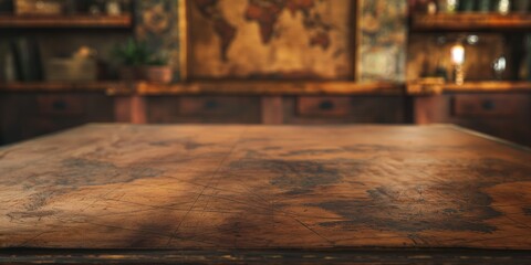 Close-up of an aged world map on a wooden desk giving the feeling of adventure and exploration - obrazy, fototapety, plakaty