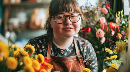 Portrait of a smiling florist saleswoman in a flower shop, among bright flowers. Young disabled woman with Down syndrome at work