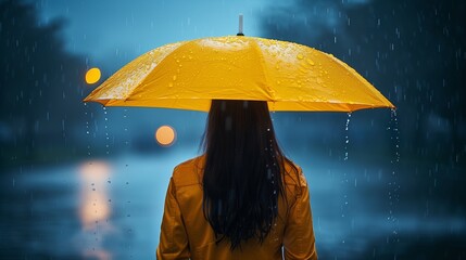 Woman shelters from rain under a yellow umbrella in azure sky