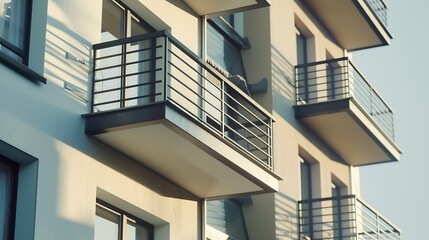 blank advertisement banner mockup located between large balconies with metal handrails of grey colour in summer : Generative AI