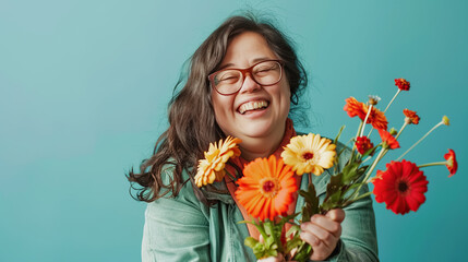 Happy young woman with Down syndrome enjoys the scent and touch of a fresh bouquet of yellow and orange flowers. Inclusion, health and education of young people