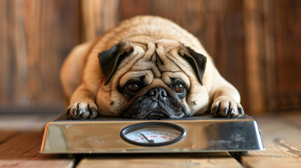 Cute pug dog laying on weigh scales