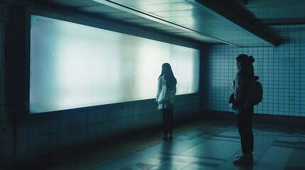 People looking Blank billboard in the city building shot in subway station Useful for your advertising Selective Focus : Generative AI