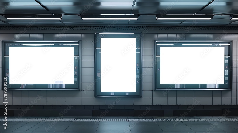 Poster Front view of three empty white billboard screens at the metro station Mock up Blank advertising billboards in the subway : Generative AI
