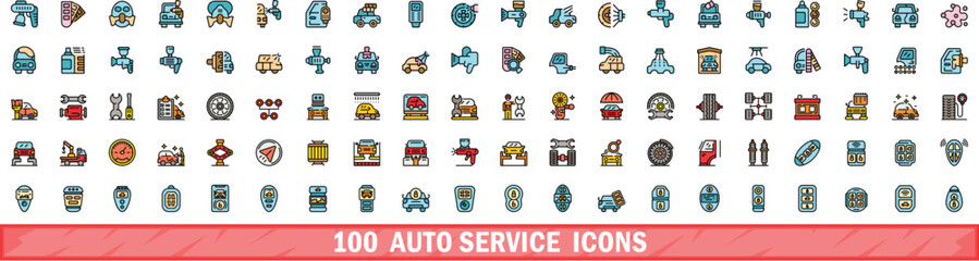 100 auto service icons set. Color line set of auto service vector icons thin line color flat on white