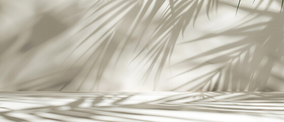 Palm leaf shadow overlay in minimal room. Warm light room for product presentation. Generative AI