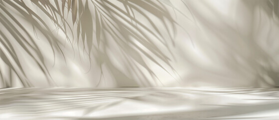 Palm leaf shadow overlay in minimal room. Warm light room for product presentation. Generative AI