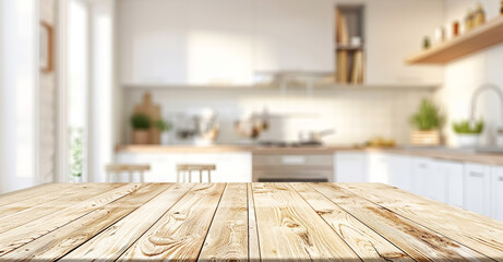 Wooden light empty tabletop against the background of a modern kitchen in light tones, kitchen panel with accessories. Scene showcase template for promotional items, banner, copy space