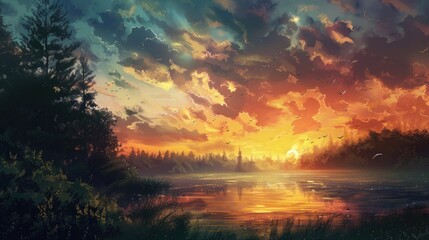 Fototapeta na wymiar Wallpaper featuring a natural sunset landscape