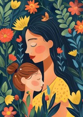 Mother's Day illustration. Mother's Day abstract vector flat illustration. Mother's Day different ethnicities. Mother and kid on Mother's Day. Floral illustration of mom