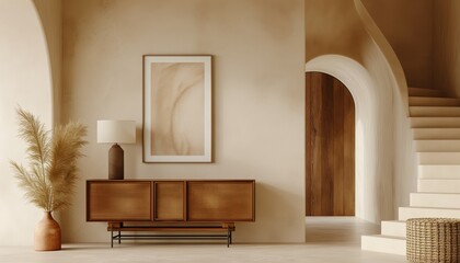 Wooden cabinet near venetian stucco wall with poster mockup on it, with arched doorway Mediterranean interior design of modern entrance hall with staircase. 