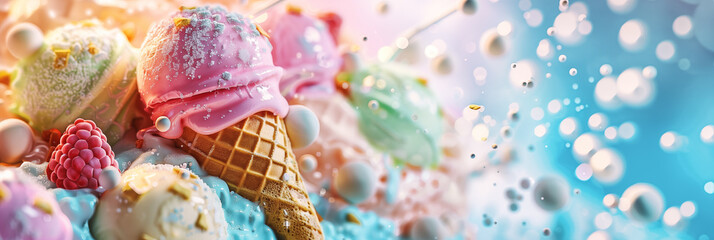Colorful ice cream scoops in cone with vibrant splash and berries banner. Panoramic web header. Wide screen wallpaper