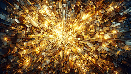 An abstract background with a mosaic of cracked glass pieces in golden hues, reflecting light to give a warm, luminous effect