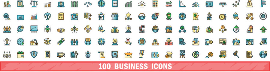 100 business icons set. Color line set of business vector icons thin line color flat on white