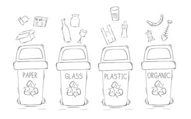 Sketch waste segregation. Sorting garbage by material and type in trash cans. Separating and recycling garbage. Vector illustration in doodle style