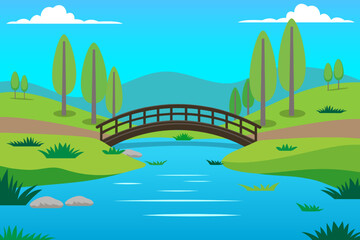 Wooden bridge in a beautiful park reserve. Natural landscape with a bridge over a lake against a background of hills, trees and a blue sky with clouds. Nature vector illustration.