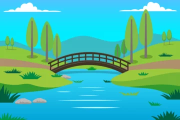 Gardinen Wooden bridge in a beautiful park reserve. Natural landscape with a bridge over a lake against a background of hills, trees and a blue sky with clouds. Nature vector illustration. © LoveSan