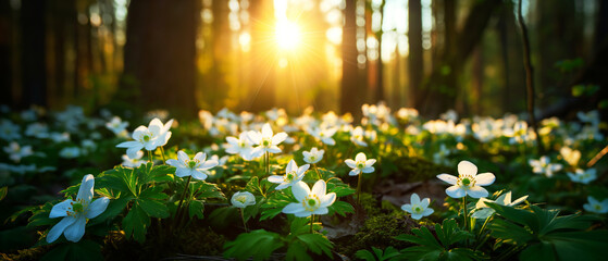 Spring banner with beautiful sunny woodland glade with blooming white anemone flowers in spring. Wallpaper, backdrop. Generative AI - obrazy, fototapety, plakaty