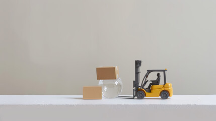 A white wall in the background serves as a backdrop for a scene featuring a miniature forklift carefully maneuvering cardboard boxes next to a glass acrylic globe on a pristine white table