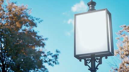 A lamp post with an elevated blank poster mockup an empty advertising banner template placeholder on the lamppost on the street with a lightblue sky and park trees in the background : Generative AI
