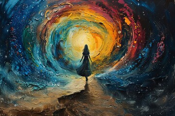 Alice tumbling down the rabbit hole, surrounded by swirling colors and fantastical imagery, capturing the moment of her journey into Wonderland.