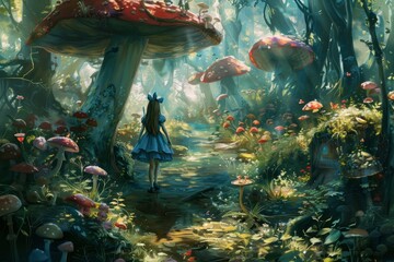 Alice on her adventures in Wonderland, with fantastical landscapes, curious creatures, and surreal encounters along the way, conveying the sense of wonder and whimsy that defines her journey  - obrazy, fototapety, plakaty