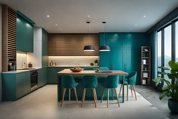 Luxury modern and vintage turquoise interior. Marble kitchen island with wooden chockers.