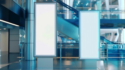 A template of two empty white vertical banners indoors a mockup of two blank billboards in the interior of a shopping mall or an airport terminal waiting hall in front of the glass wal : Generative AI
