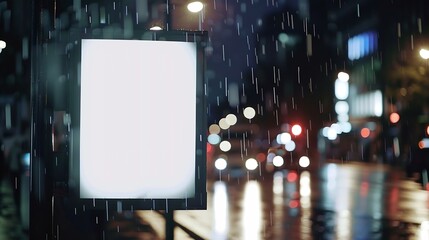 Mock up of blank advertising light box rainy city at night : Generative AI
