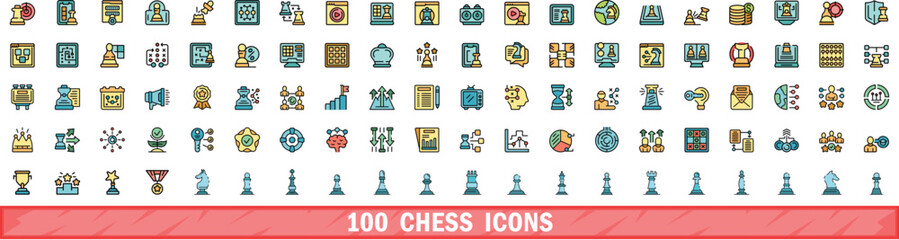 100 chess icons set. Color line set of chess vector icons thin line color flat on white