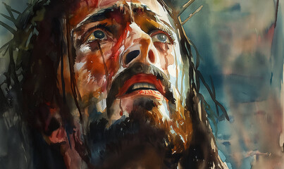 Jesus Christ staring at the sky for hope ang peace, in water oil painting - obrazy, fototapety, plakaty