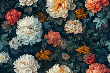 Seamless dark floral pattern with rich peonies, chrysanthemums, and daisies - obrazy, fototapety, plakaty