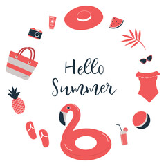 Red Beach Accessories. Set. Hello Summer concept. Swimsuit, swimming trunks, hat, sunglasses, flip flops, sunscreen, camera, flamingo swimming ring, watermelon, pineapple, ball. Vector illustration