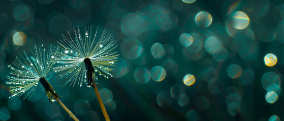 Dew-covered dandelion seeds against a bokeh teal background. Minimal banner with copy space. Generative AI